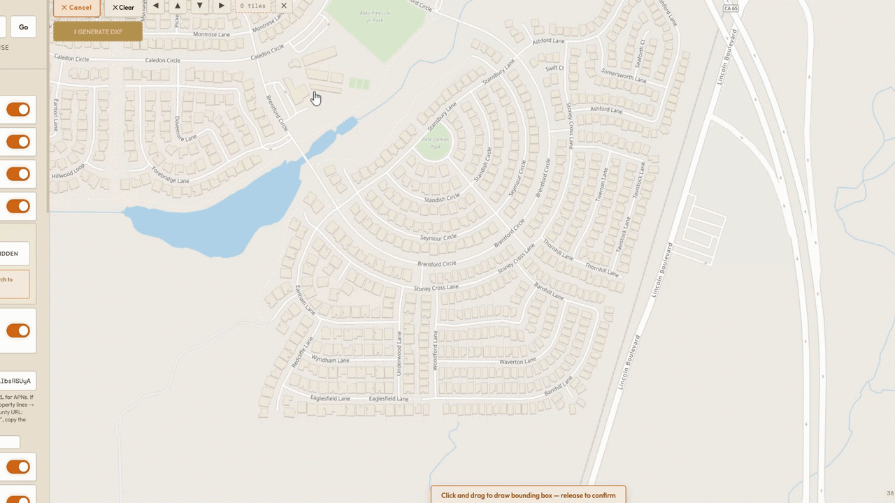 Drawing a bounding box on the map to generate a DXF